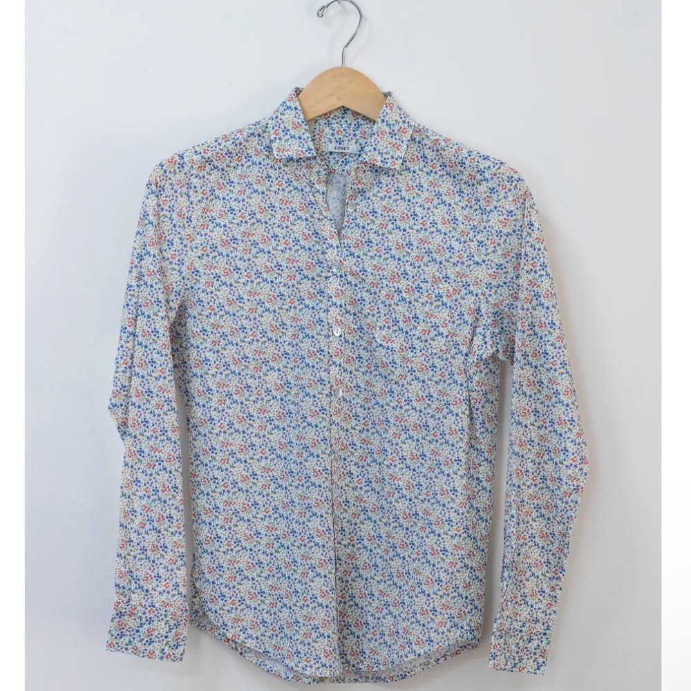 Covet by Kate Dani Ditsy Floral Collared‎ Button Up Blouse Blue Dusty Medium